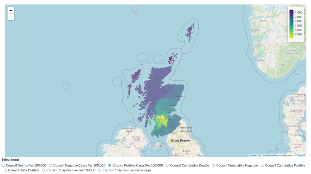 A heatmap of COVID-19 cases in Scotland in May 2021, illustrated by Jack Sleight's COVID-19 Data Visualisation App