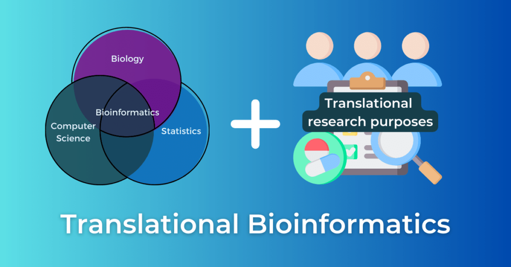Transaltional bioinformatics demonstrated as the sum of bioinformatics combined with translational research purposes.