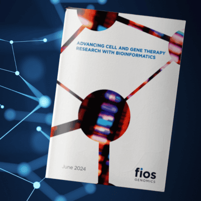 image shows the front cover of Fios Genomics' whitepaper "Advancing Cell and Gene Therapy Research with Bioinformatics"
