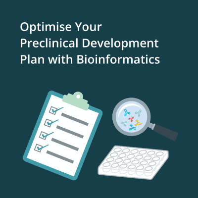 Image contains the text "Optimise your preclinical development plan with bioinformatics" and depicts a clipboard, antibodies and a cell culture plate to emphasise 'preclinical'.