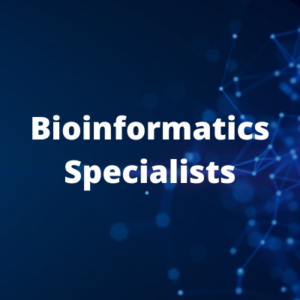 Image shows lines and dots in the form of a network, with text that reads "Bioinformatics Specialists"