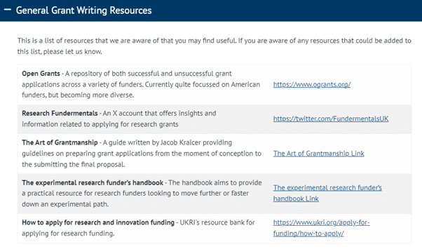 This image is a screenshot from the Univeristy of Glasgow website, showing their "General Grant Writing Resources"