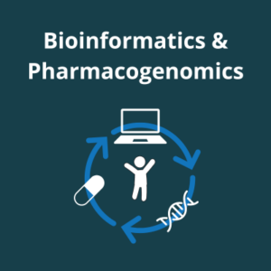 Image shows arrows moving through a laptop, DNA double helix, to symbolise the use of bioinformatics in pharmacogenomics. "Bioinformatics & Pharmacogenomics" is also written in text.