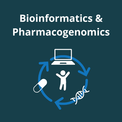 Image shows arrows moving through a laptop, DNA double helix, to symbolise the use of bioinformatics in pharmacogenomics. 