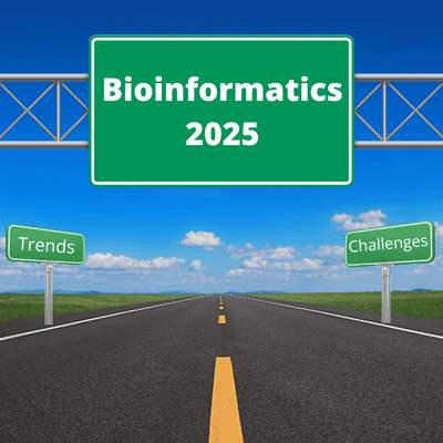 Image shows a road leading away from the viewer with a road sign that reads "Bioinformatics 2025"